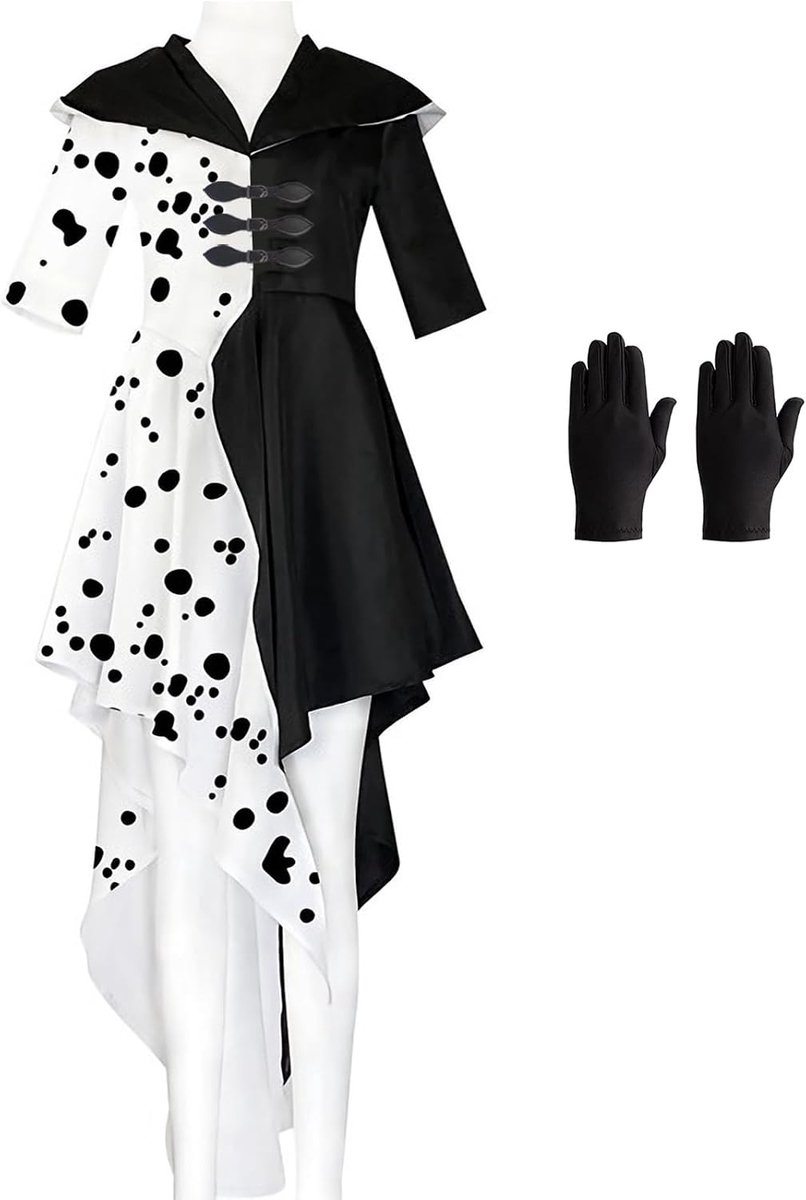 Carnavalskostuum voor dames, Cruella Deville-kostuum, jurk, cosplay, zwarte en witte Dalmatiërs-vlekjurk, carnaval, Halloween, party, verkleedkleding