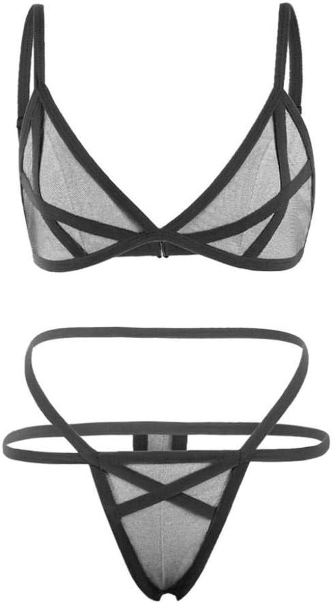 Kleding Vrouwen Sexy Lingerie Effen Mesh Corset Beugel Nachtkleding Lingerie Netto Garen Pyjama Set-A_L