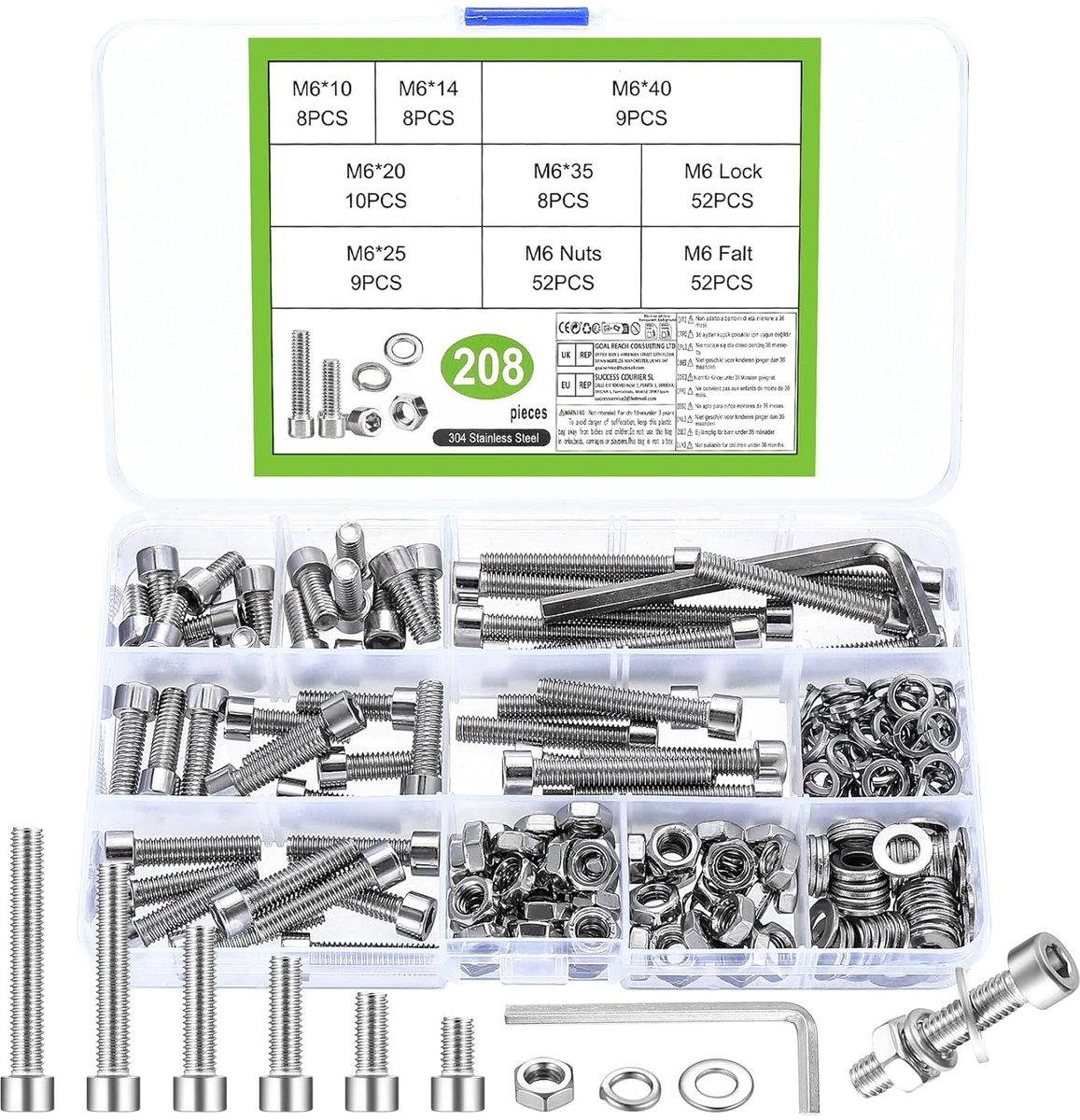 208 stuks M6 schroevenset, cilinderkopschroeven moerensets, roestvrijstalen zeskantschroevenset en sluitringen, binnenzeskant schroeven met moeren, machineschroeven assortiment (208, M6)