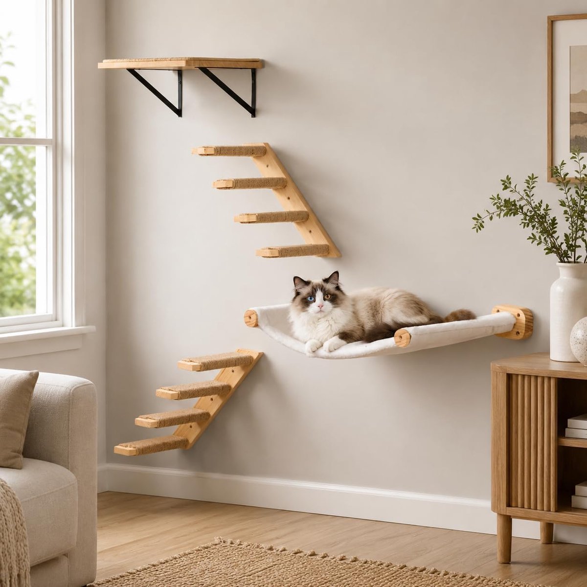 Wandmeubelset voor katten, 4-delig, hangmat met houten treden