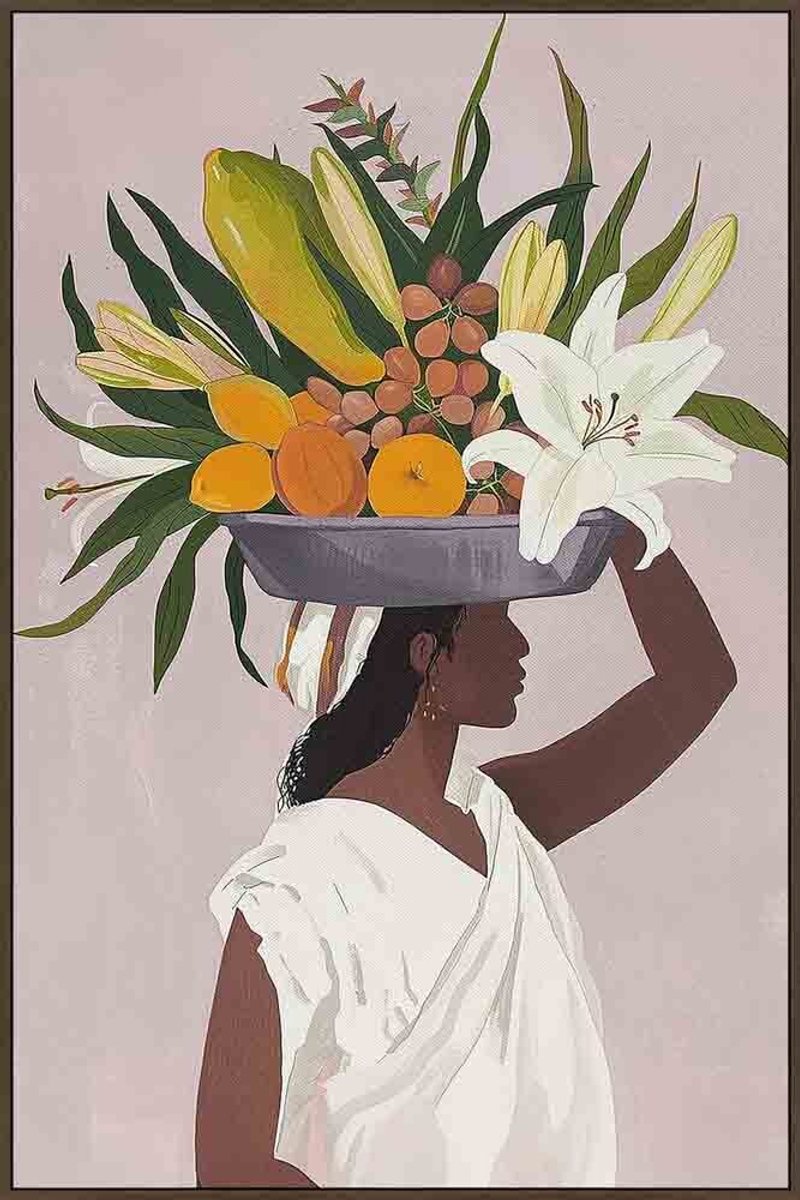 Schilderij vrouw met fruit en lelies