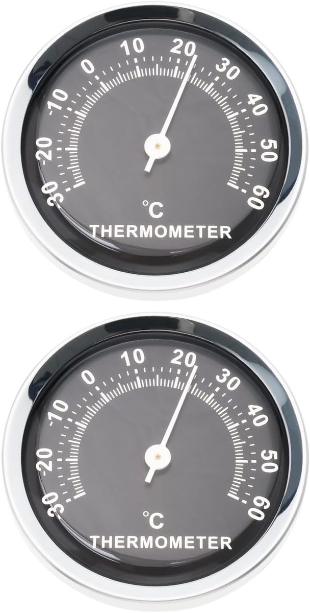 2 stuks 58mm Auto Thermometer Mini Ronde Analoge Temperatuurmeter voor Auto Thuis Kantoor Werkplaats, Zwart