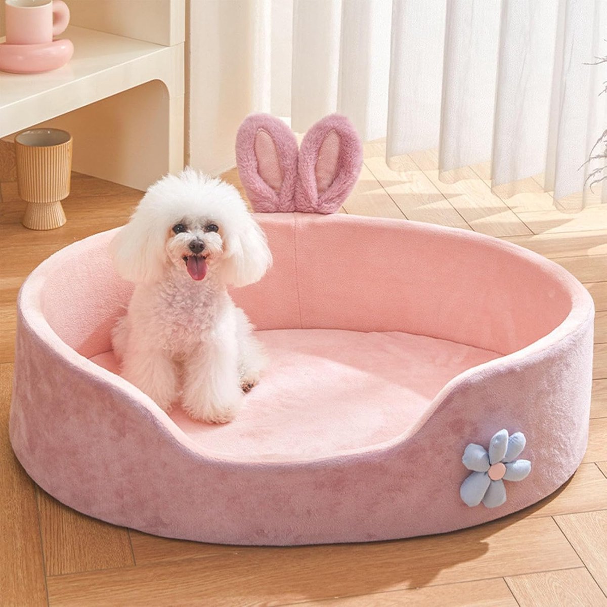 Klein Hondenbed, Wasbaar Huisdierbed voor Puppy en Kitten met Antislipbodem, Konijnenoor Rond Honden- en Kattenbed, Kalmerende Huisdierligstoel voor Kleine en Middelgrote Rassen(L)