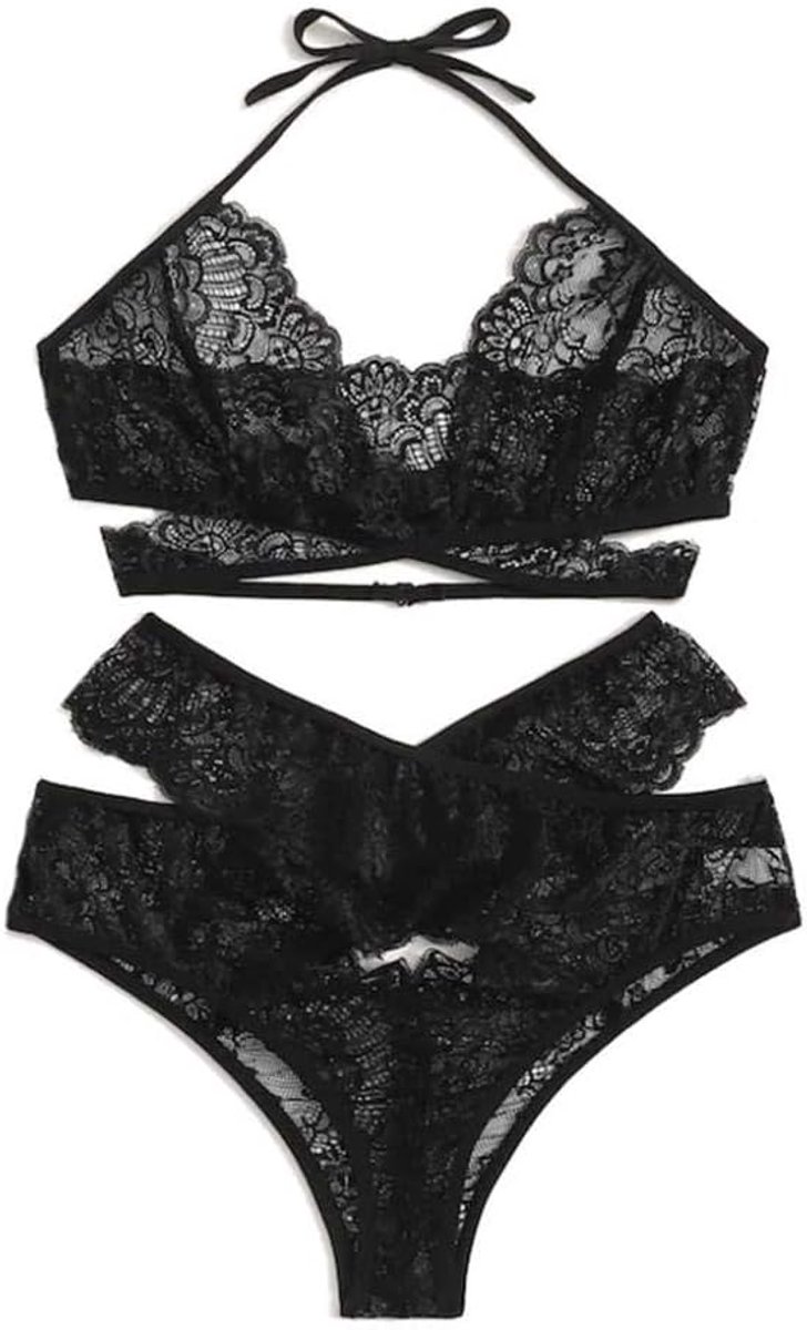 Sets met nachtmode & ochtendjas Sexy Lingerie Vrouwen Porno V-hals Halter Beha Holle String Erotisch Ondergoed