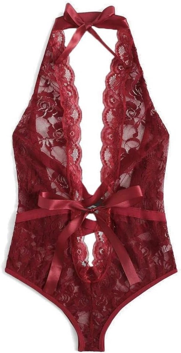 Lingerie voor Kanten Kimono Nachthemd Ondergoed Sexy Lingerie Nachtkleding Kant met String Nachtkleding JurkDames Ondergoed Set Lingerie Set Sexy Lingerie Meisje Lage Rug Kruis Bloemen Kant Nachtkleding-Burgundy_XL