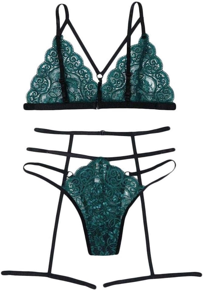 Lingerie Dameslingerie Sexy set kanten Kimono nachtkledingBh-set voor vrouwen Sexy ondergoed partij lingerie set G-String met kousenband Sexy Lingerie Draadloze ongevoerde BH-Groen_M