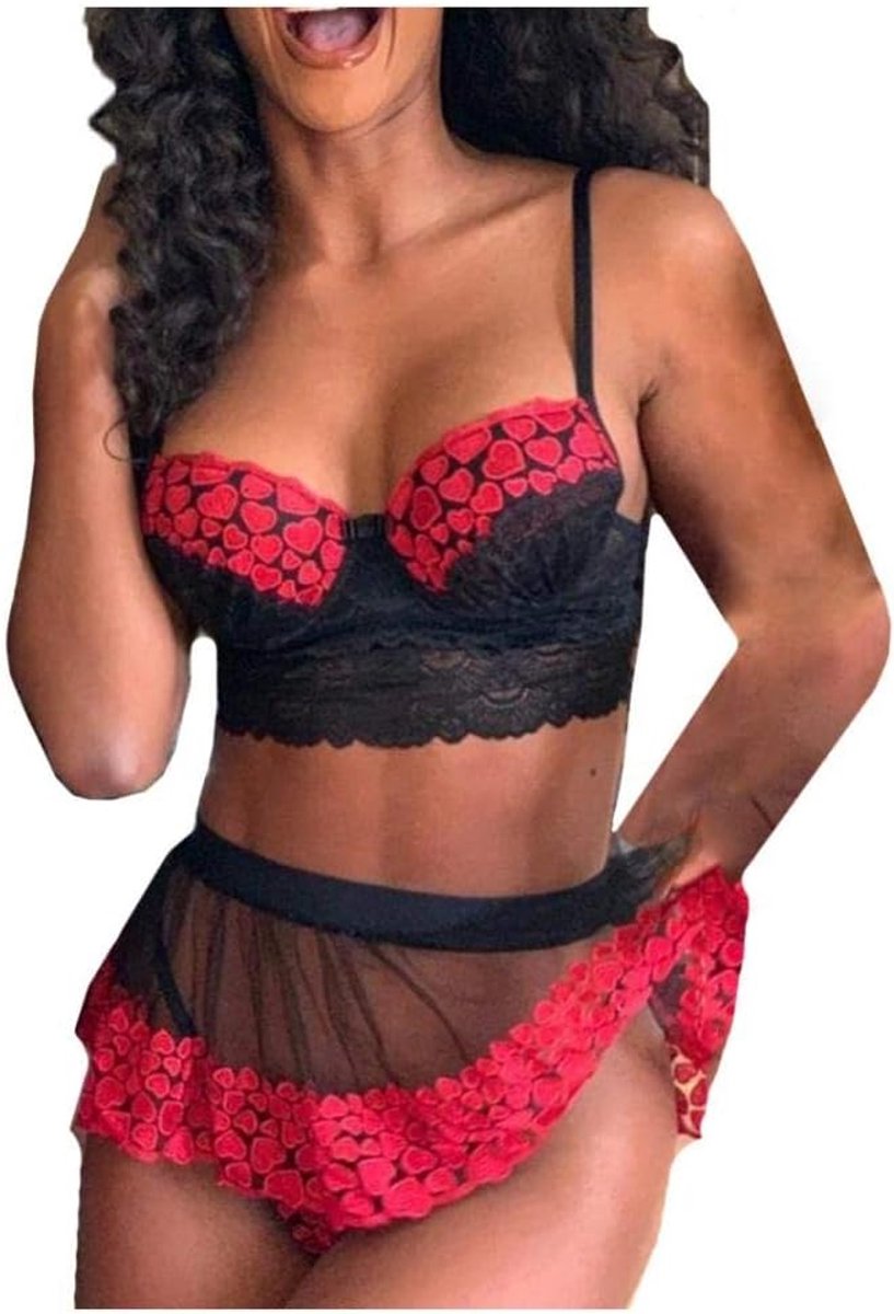 Dameskleding 3 ST Vrouwen Sexy Lingerie Plus Size Beha String Verleiding Transparante Panty Minirok Erotische Nachtkleding Set
