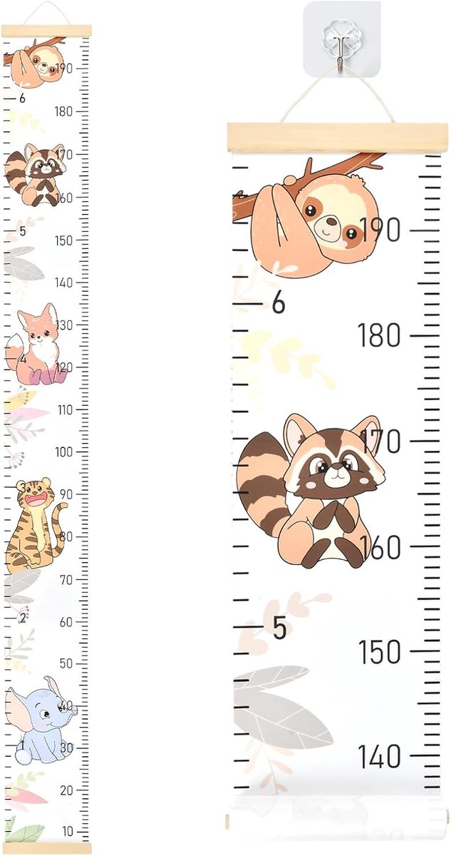 Meetlat voor kinderen, wandmontage, groeihoogte, diagram afneembaar, hoogte meetliniaal, groeidiagram voor jongens en meisjes met haken, 21 x 195 cm