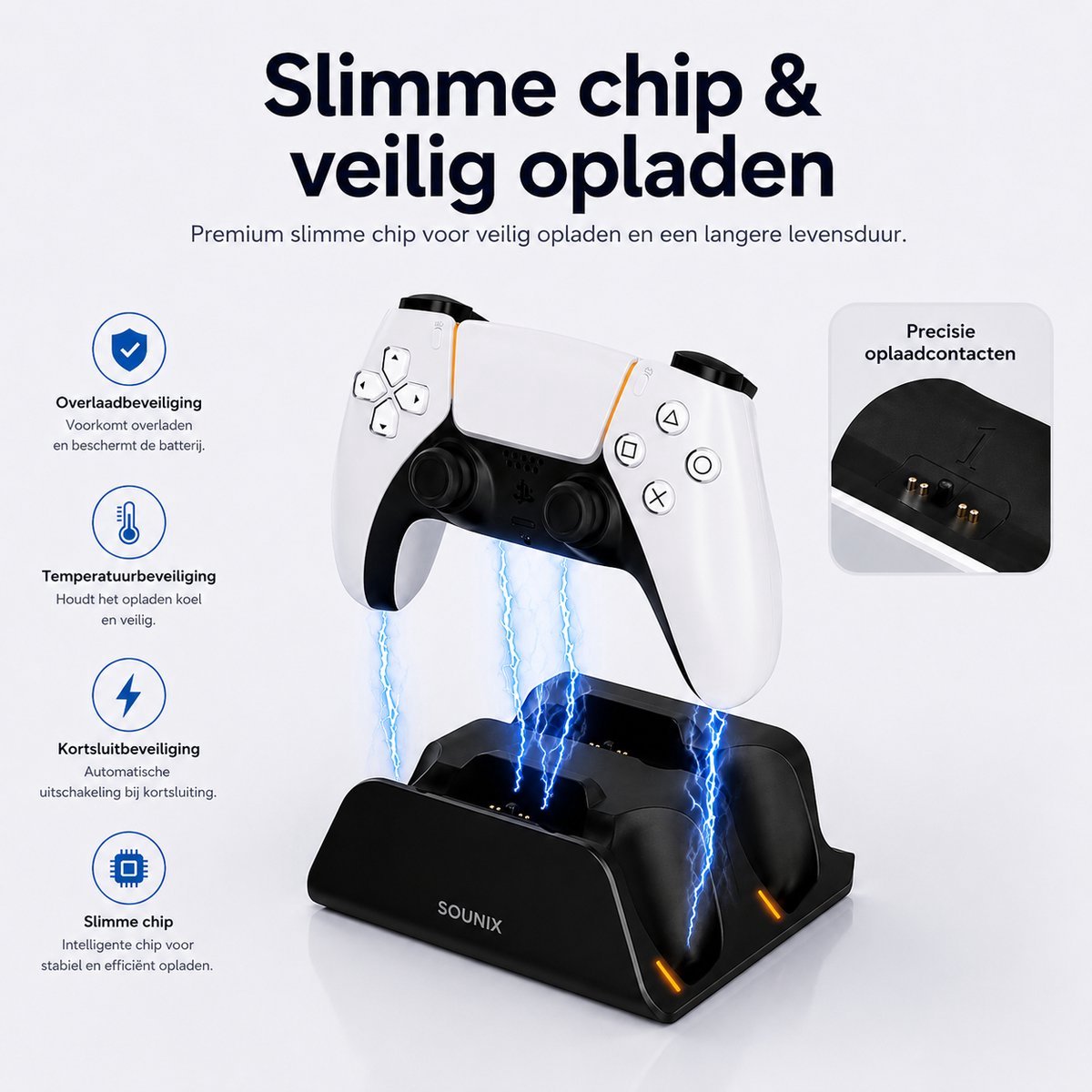 Sounix Oplaadstation geschikt voor PS5 / PS5 Slim / PS5 PRO / DualSense Controller - PS5 accessoires - Dual Oplader - Charging Dock - Zwart – foto 2