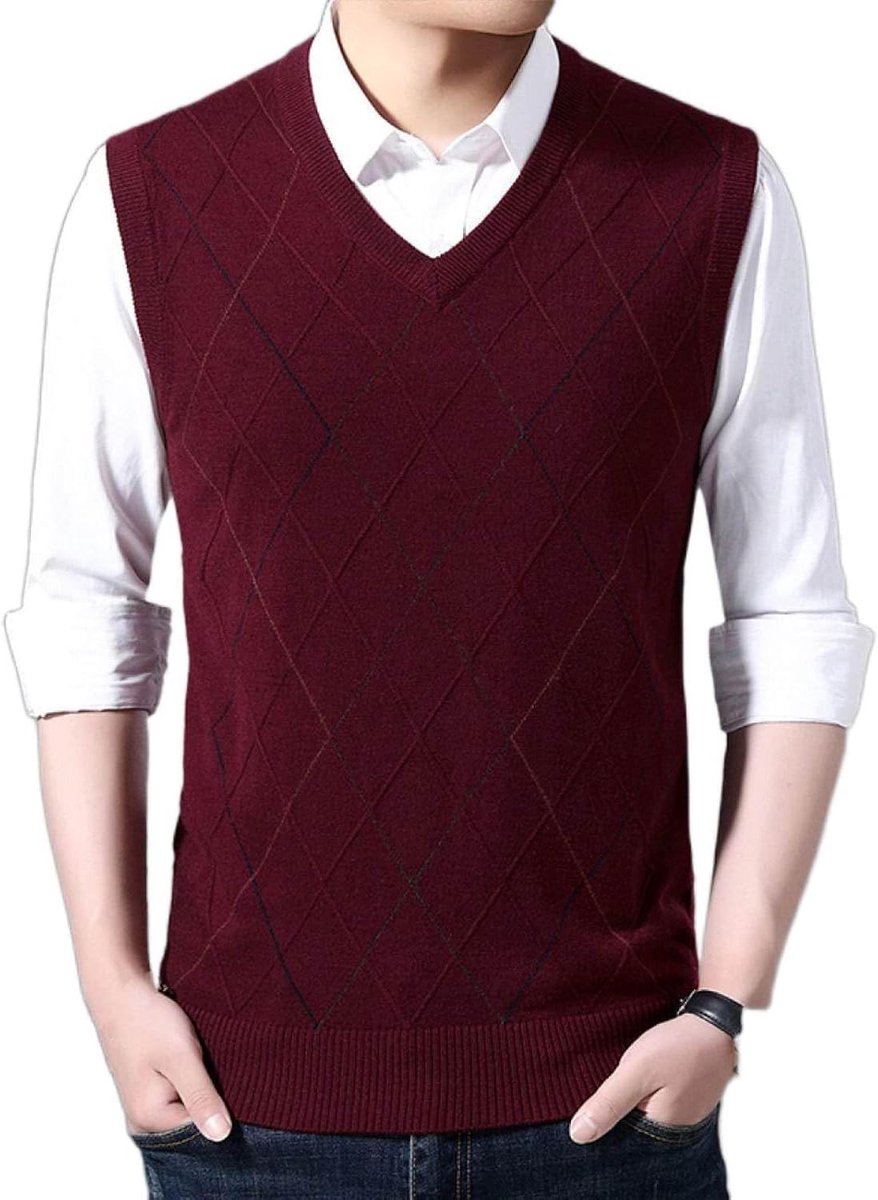 Kasjmier Gemengd Argyle V-Hals Gebreid Vest, Herfst En Winter Klassiek Kleurcontrast Casual All-Match Mouwloos Vest Pullover Herenkleding, Gentleman Knitwear Sweater Tank Tops, Wijnroo