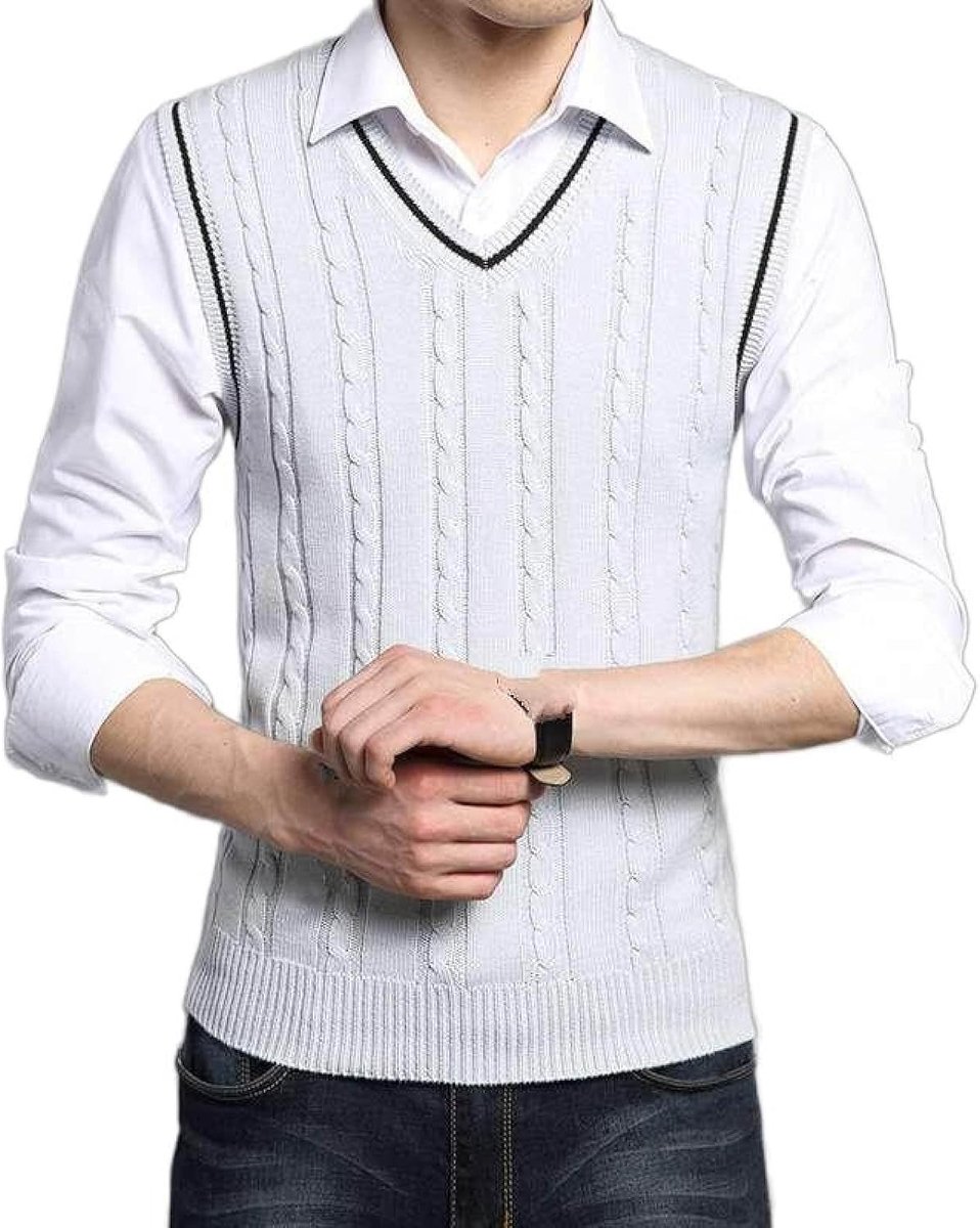 Jeugd Heren Kabel Gebreid Vest Met V-Hals, Klassiek Slank Mouwloos Truitje Effen Jacquard Vest, Klassiek Zakelijk Heren Breigoed Gebreid Vest Trui Tanktops,Grijs,Xs