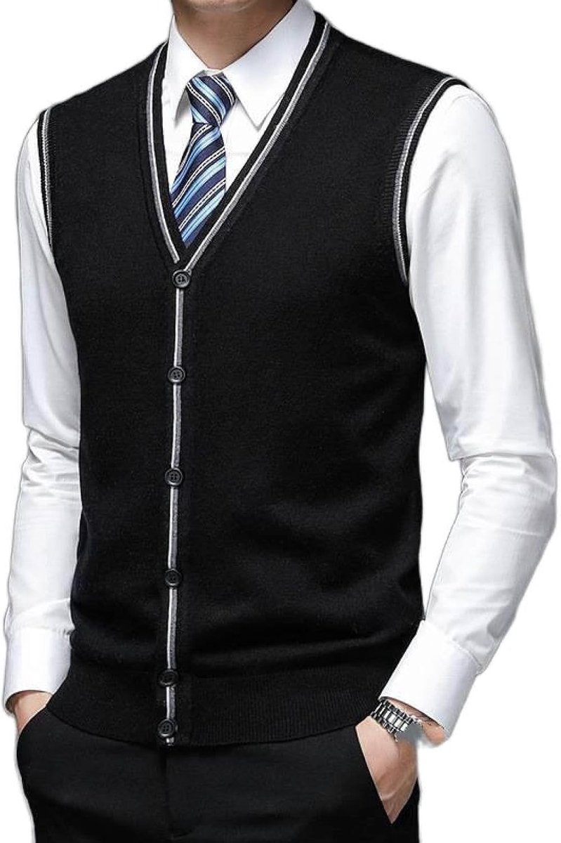 Vest Met V-Hals, Gebreid Vest Met V-Hals, Herfst En Winter Klassiek Vest Trend Casual Heren Kasjmier Gemengd Vest, Heren Gebreide Trui Vest Tanktops, Zwart, S