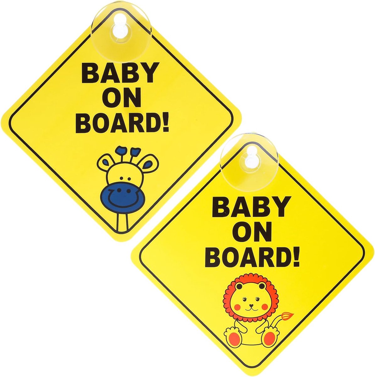 2 Count Geel Safari Leeuw+Giraffe Cartoon Herbruikbare Rechthoekige Baby aan boord Auto Sticker voor Venster