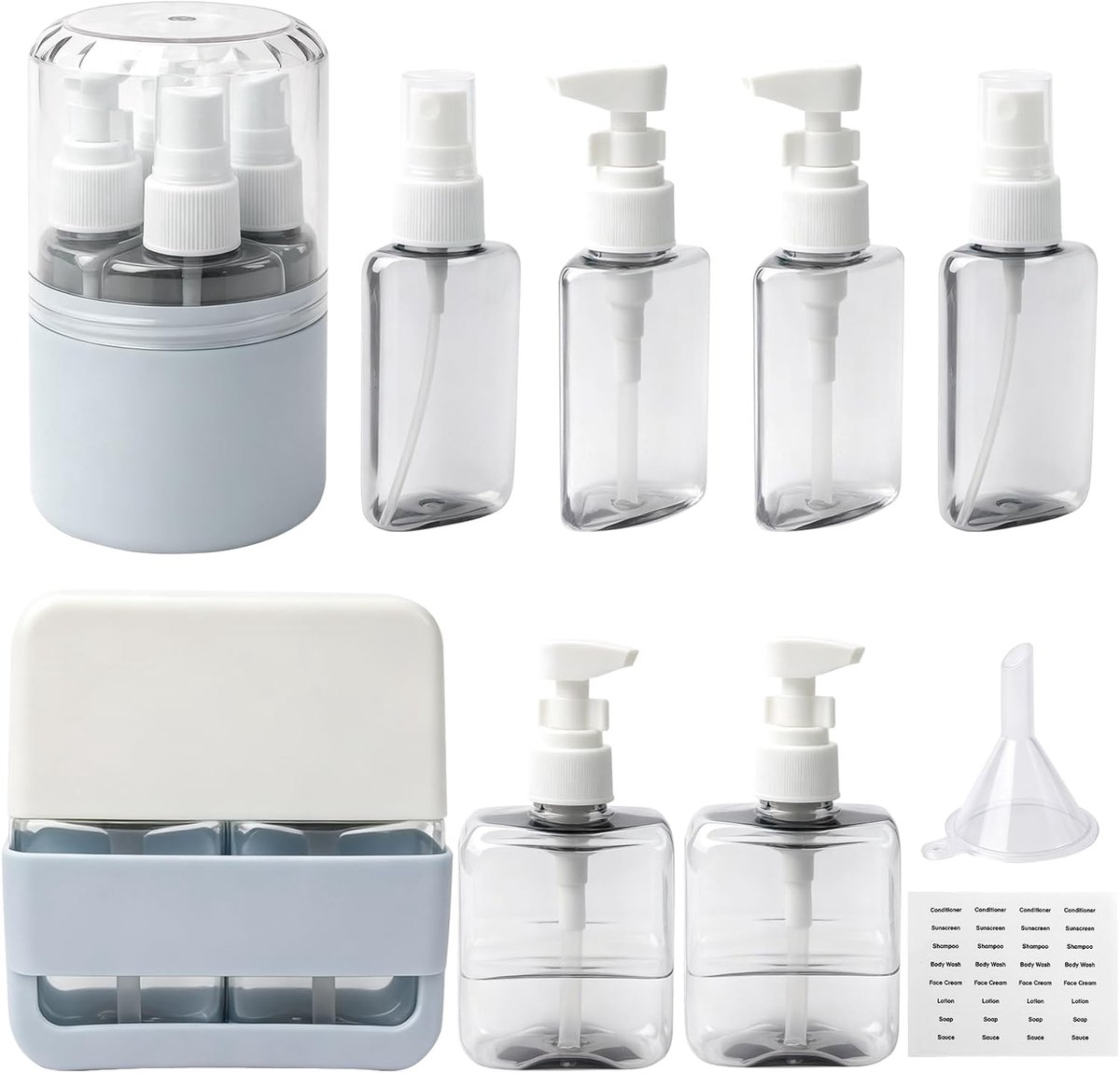 8-in-1 reisflessenset voor vliegtuig en handbagage, blauw
