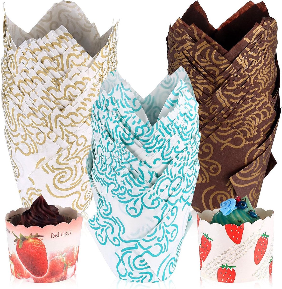 150 stuks tulpenmuffinvormpjes voor bakbekers, tulpen cupcakehoesjes, cup cakehoes wikkels voor muffins, cupcakes, bruiloft, verjaardagsfeestjes (8 x 5 x 5 cm, 3 kleuren)