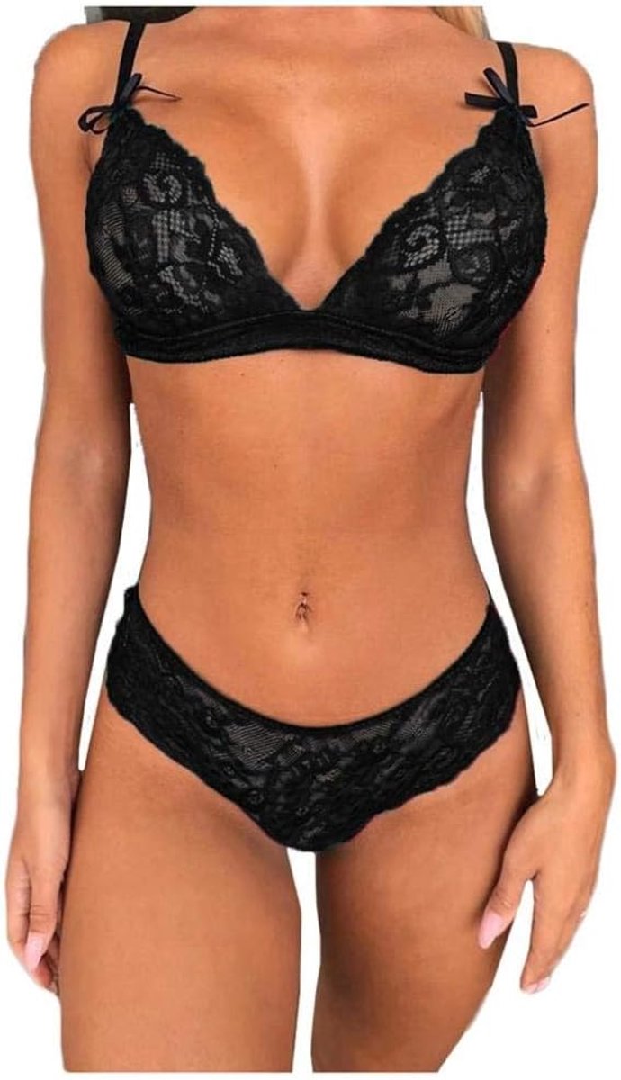 Lingerie Dameslingerie V-hals Ondergoed Vrouwen Sexy Draadloze Erotische Lingerie Nachtkleding Bh Set-Negro_3XL