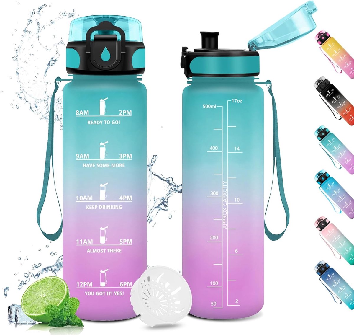 500 ml, motiverende tijdweergave, drinkfles met filter, lekvrij, voor kinderen, sport, sportschool, school, kantoor, yoga