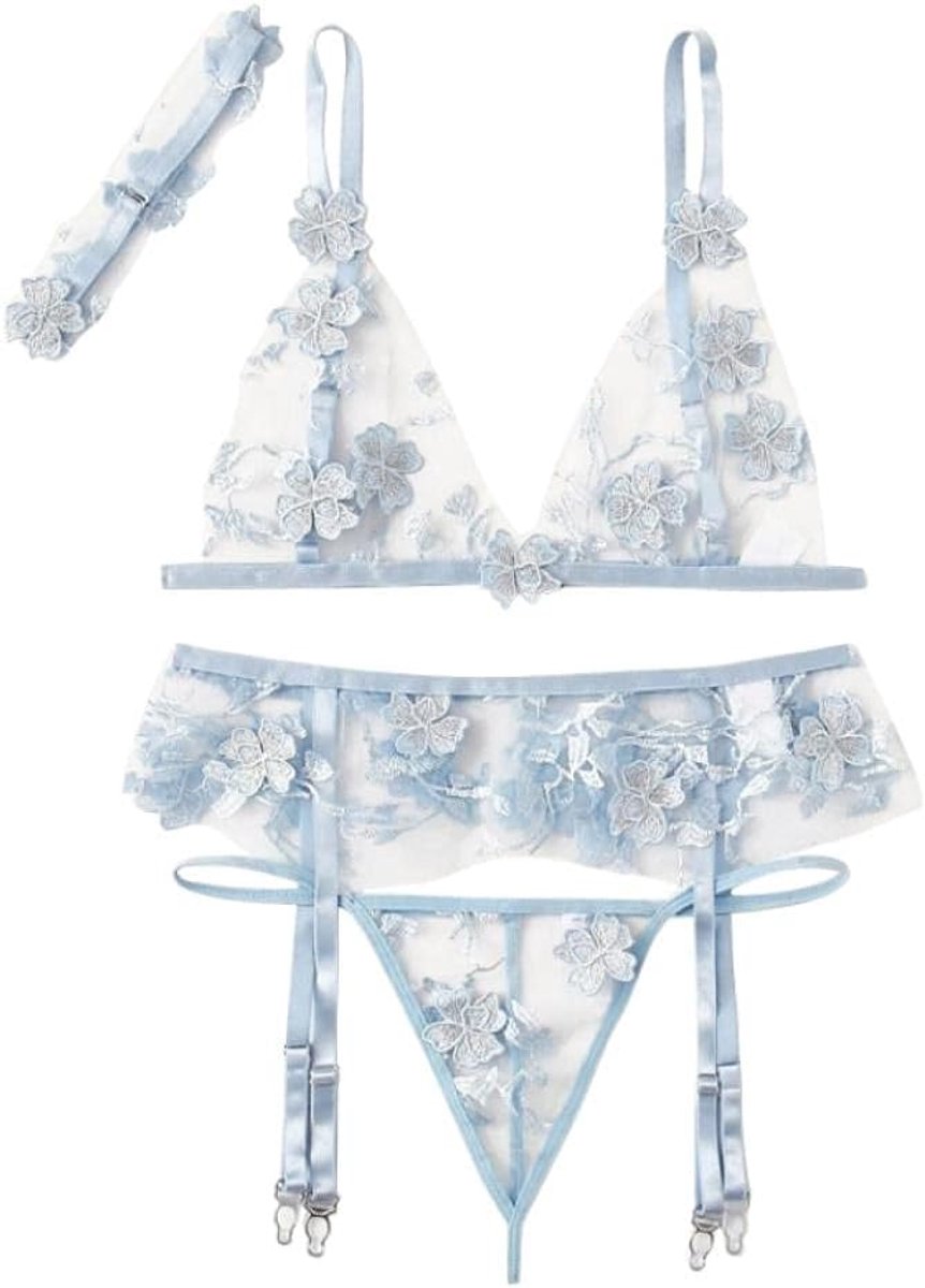 Dames Damesondergoed Borduurwerk Sexy Lingerie 4-delig Set-Azul_L