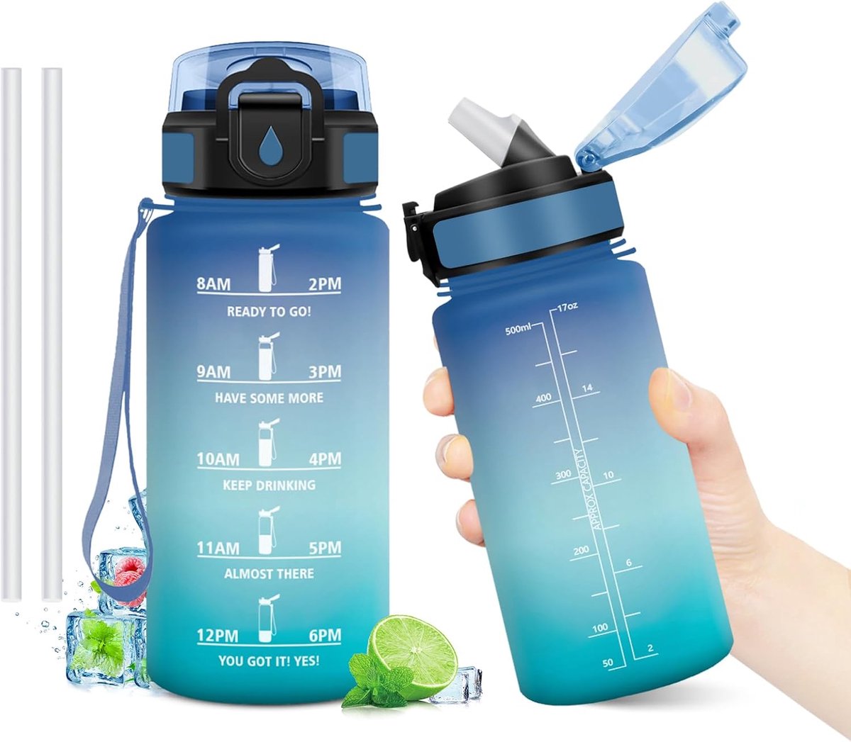 Waterfles, 500 ml, lekvrij, herbruikbaar, met rietje en tijdmarkeringen, BPA-vrij, motiverende drinkfles voor kinderen, school, kantoor, yoga