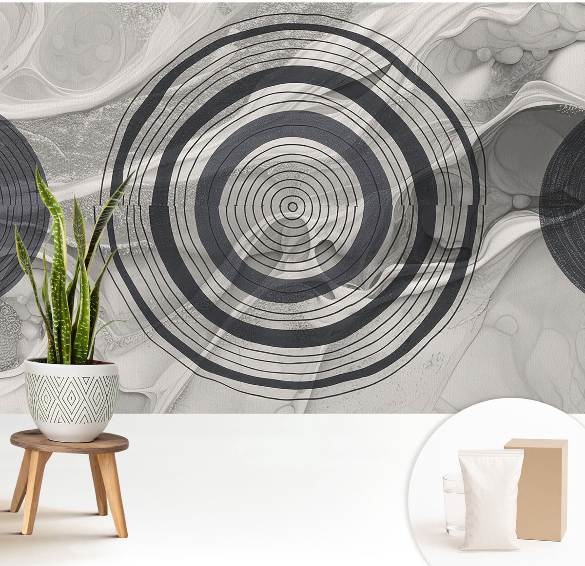 Wallfluent Fotobehang - Zwart-Wit Vliesbehang - 208x146 cm - Grijze Cirkels Fotobehang Vlies - Hal behang Abstractie - Muurschildering - Hal behang
