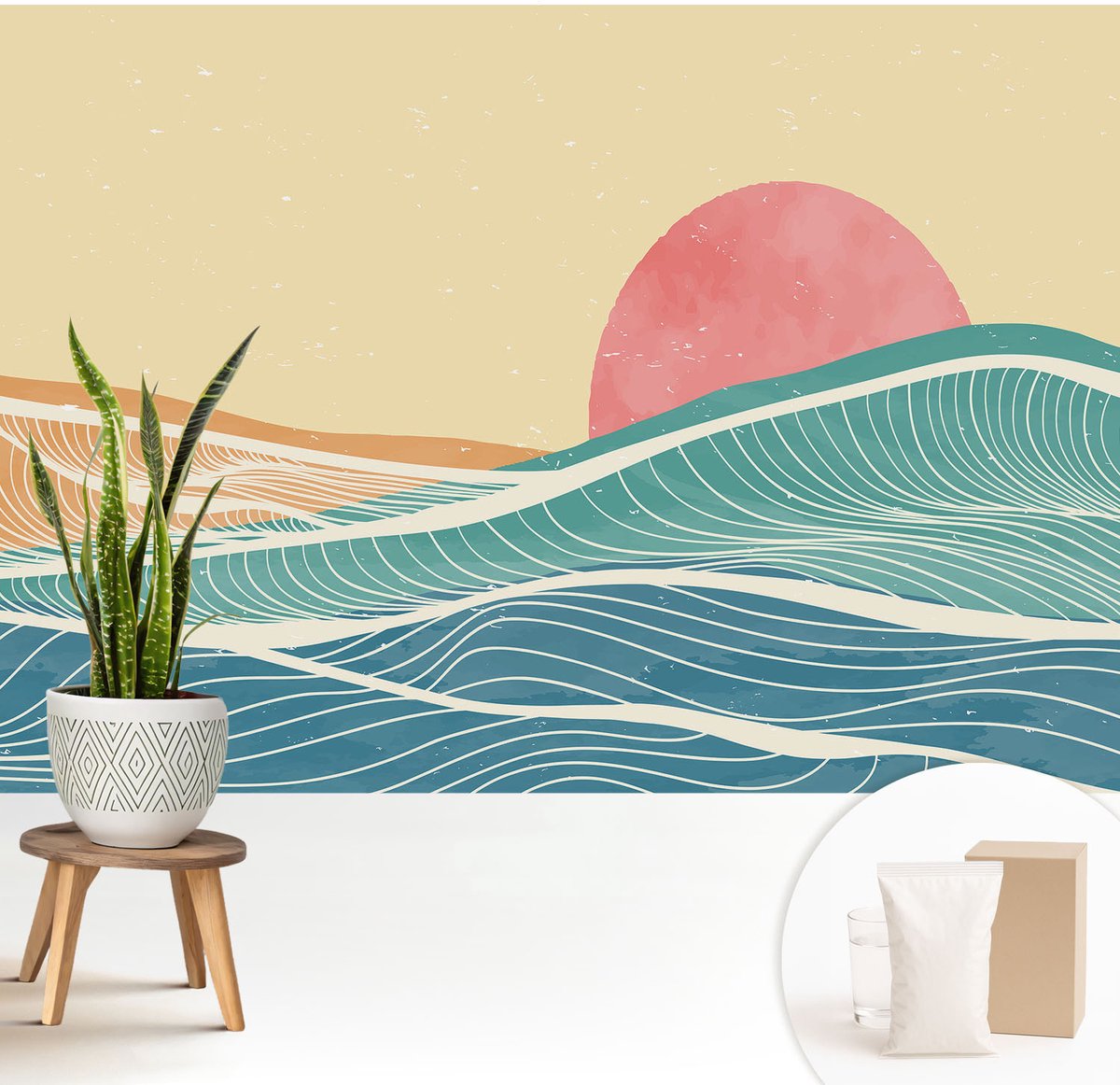 Wallfluent Fotobehang - Beige Vliesbehang - 208x146 cm - Zeegolven Muurschildering - Gang behang Landschappen - Fotobehang Vlies - Slaapkamer behang