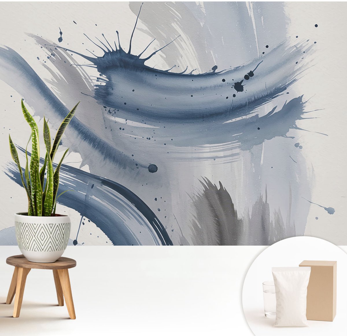 Wallfluent Fotobehang - Blauw Vliesbehang - 208x146 cm - Artistieke Penseelstreken Muurschildering - Slaapkamer behang Abstractie - Fotobehang Vlies - Slaapkamer behang