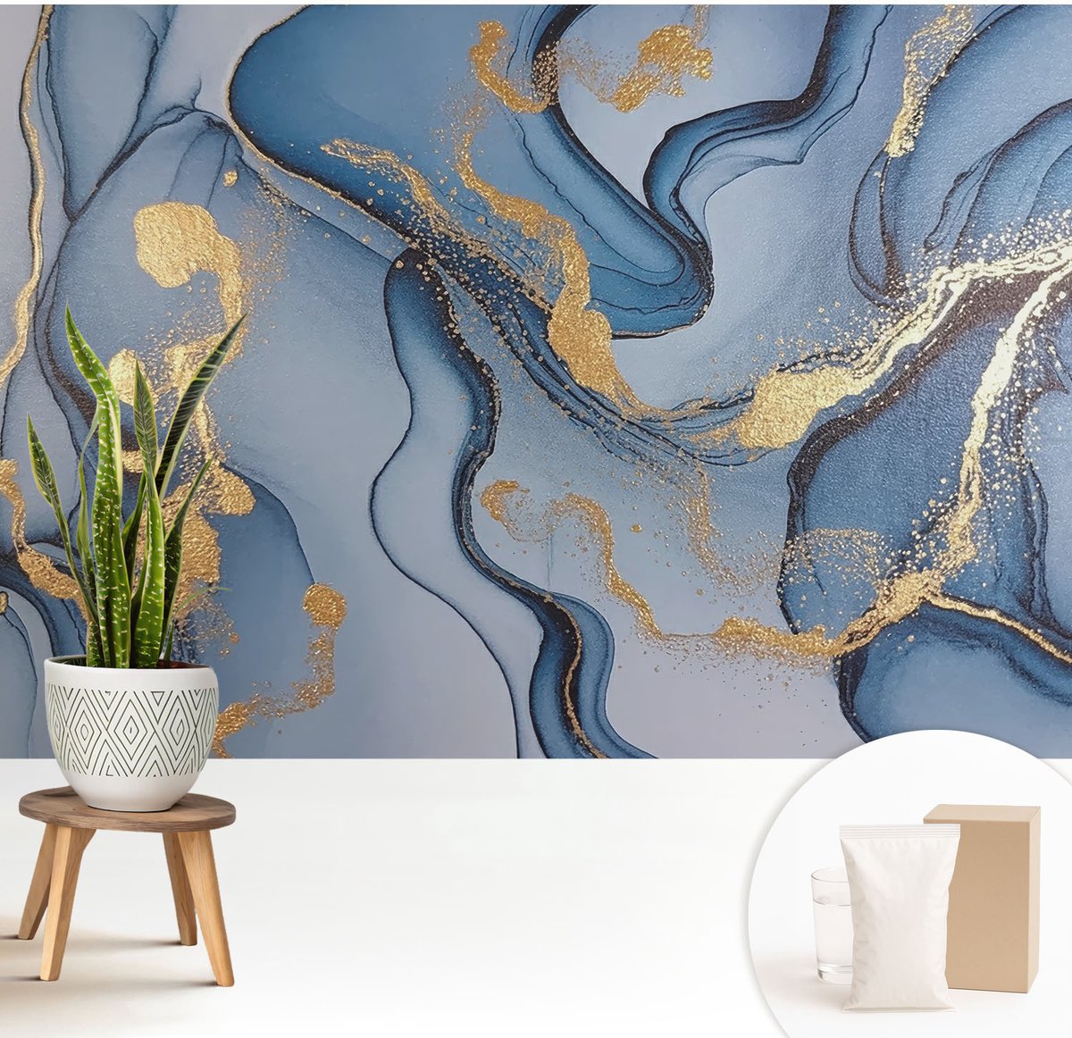 Wallfluent Fotobehang - Blauw Vliesbehang - 208x146 cm - Blauwe Golven Muurschildering - Slaapkamer behang Abstractie - Fotobehang Vlies - Slaapkamer behang