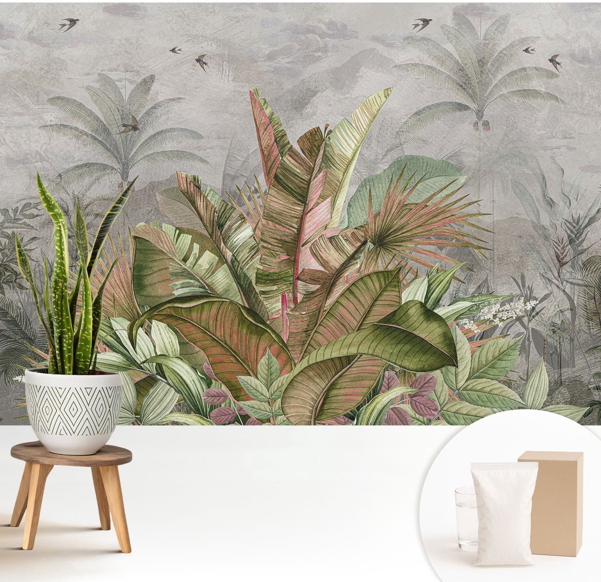 Wallfluent Fotobehang - Grijs Vliesbehang - 208x146 cm - Exotische Jungle Muurschildering - Slaapkamer behang Bloemen En Planten - Fotobehang Vlies - Slaapkamer behang