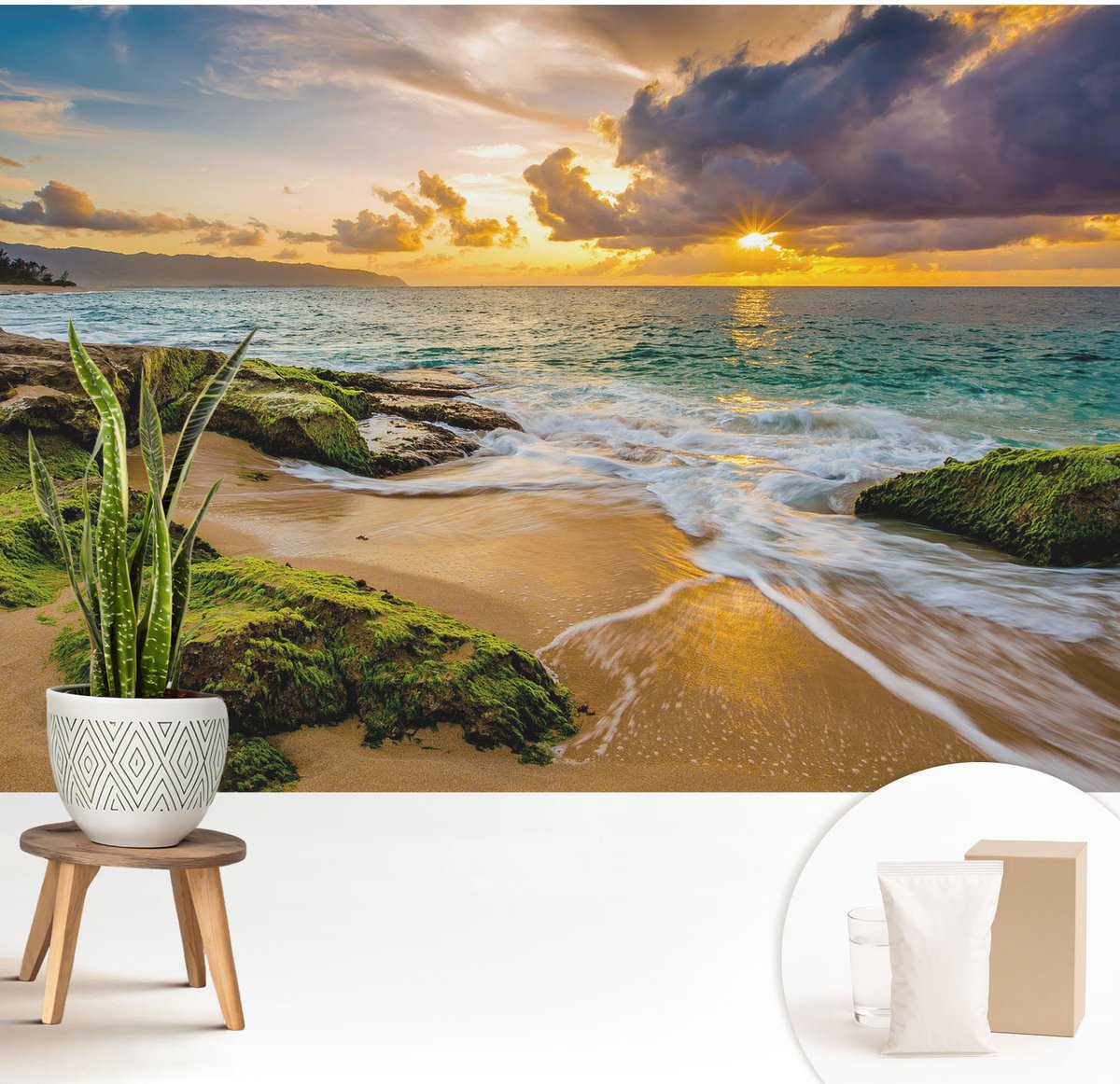 Wallfluent Fotobehang - Groente Vliesbehang - 208x146 cm - Maritieme Harmonie Muurschildering - Slaapkamer behang Landschappen - Fotobehang Vlies - Slaapkamer behang