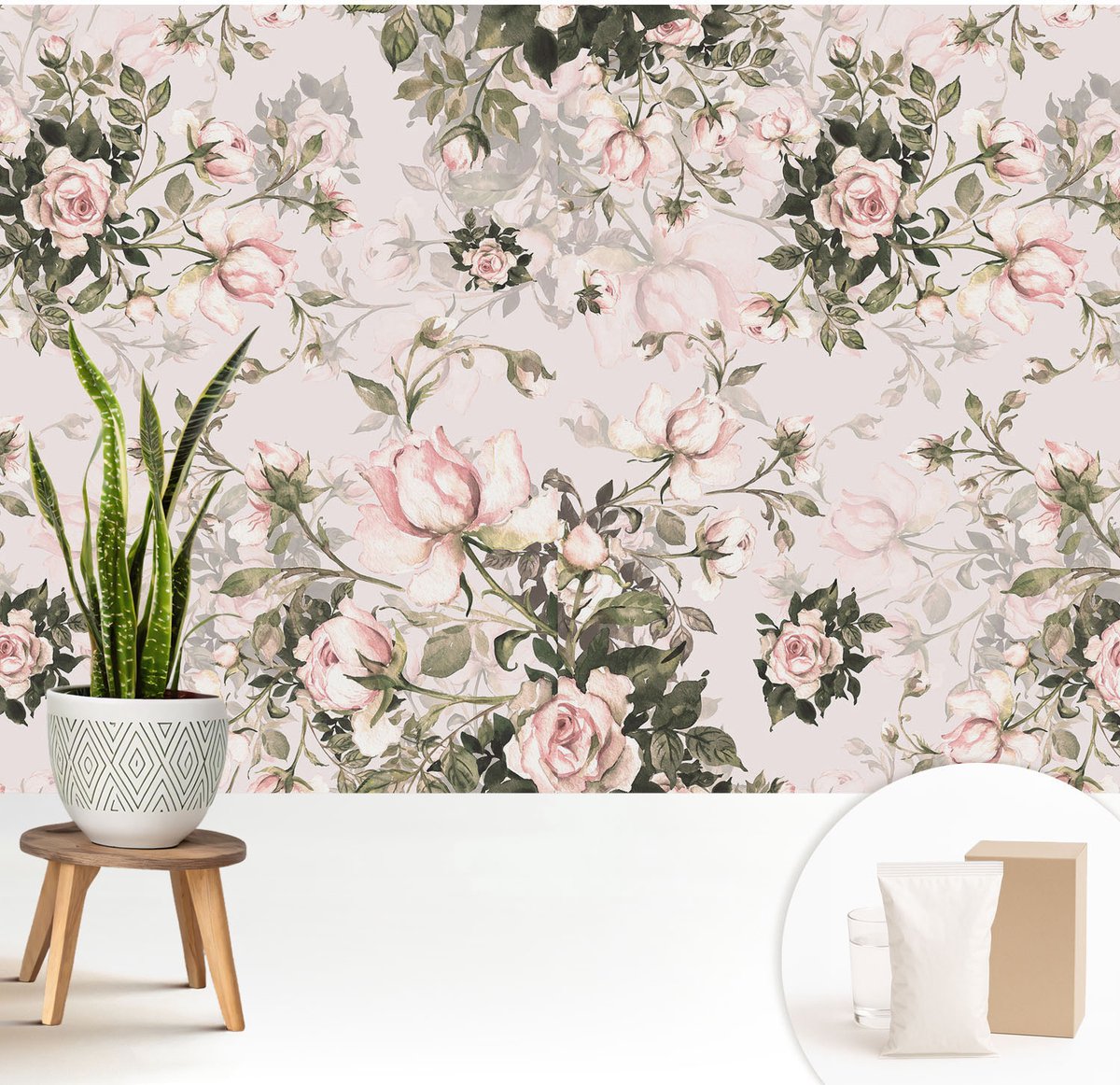 Wallfluent Fotobehang - Roze Vliesbehang - 208x146 cm - Bloemenpatroon Muurschildering - Slaapkamer behang Bloemen En Planten - Fotobehang Vlies - Slaapkamer behang