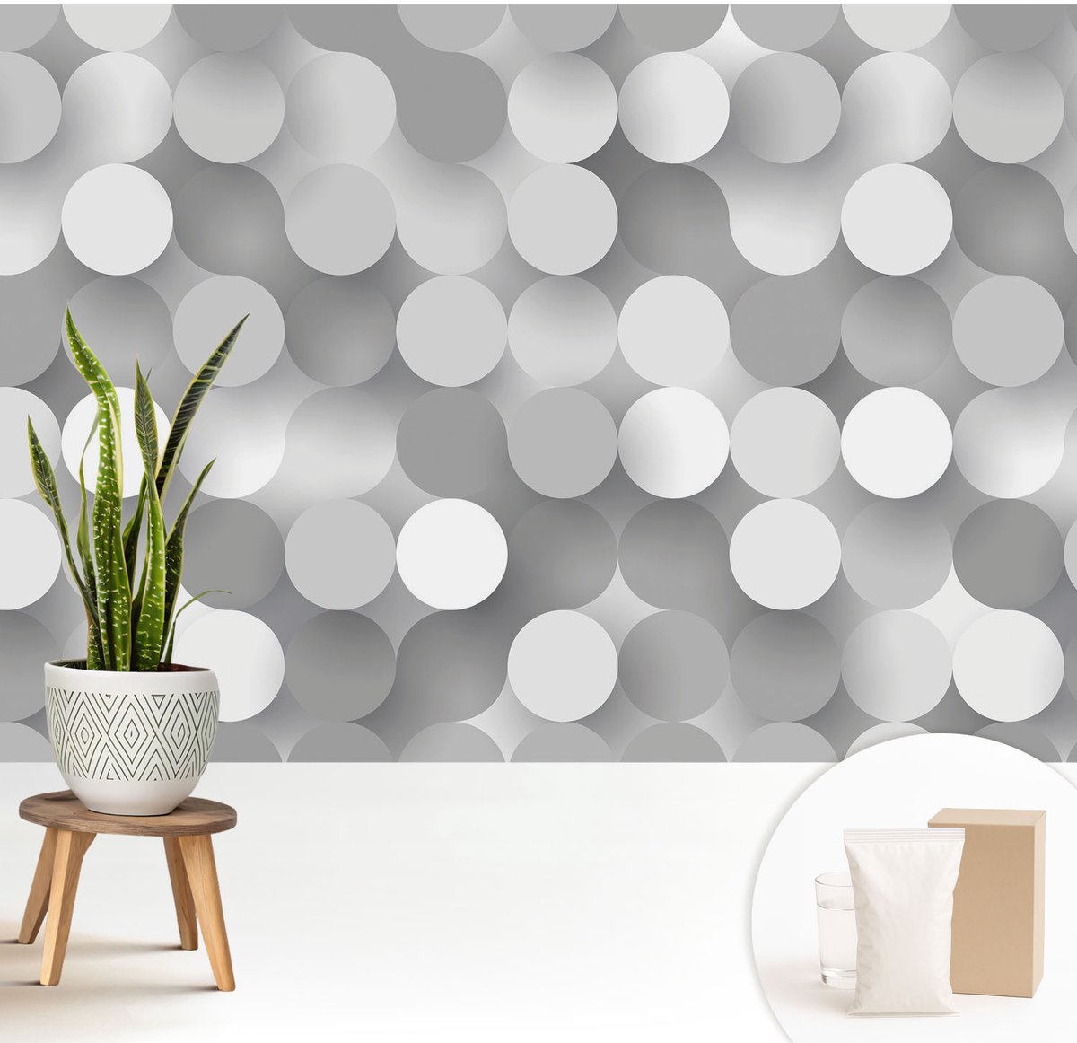Wallfluent Fotobehang - Grijs Vliesbehang - 208x146 cm - Grijze Cirkels Muurschildering - Slaapkamer behang Achtergronden En Patronen - Fotobehang Vlies - Slaapkamer behang