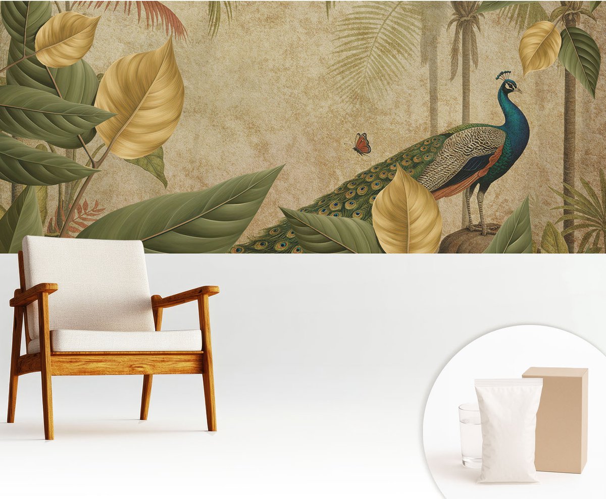 Wallfluent Fotobehang - Grijs Vliesbehang - 250x104 cm - Exotische Vogel Fotobehang Vlies - Hal behang Bloemen En Planten - Muurschildering - Woonkamer behang