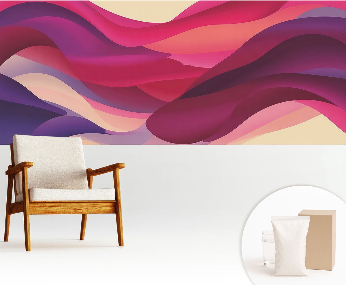 Wallfluent Fotobehang - Roze Vliesbehang - 250x104 cm - Vloeibare Golven Fotobehang Vlies - Hal behang Abstractie - Muurschildering - Woonkamer behang