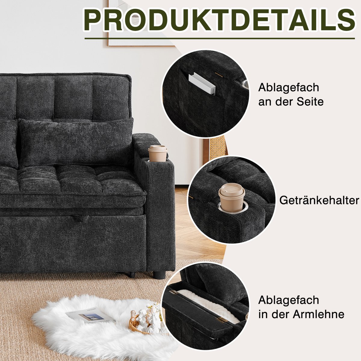 MODENUIT Slaapbank 142 Cm - 3-In-1 Met Ligfunctie En Bekerhouders - Voor Woonkamer - Chenille Zwart