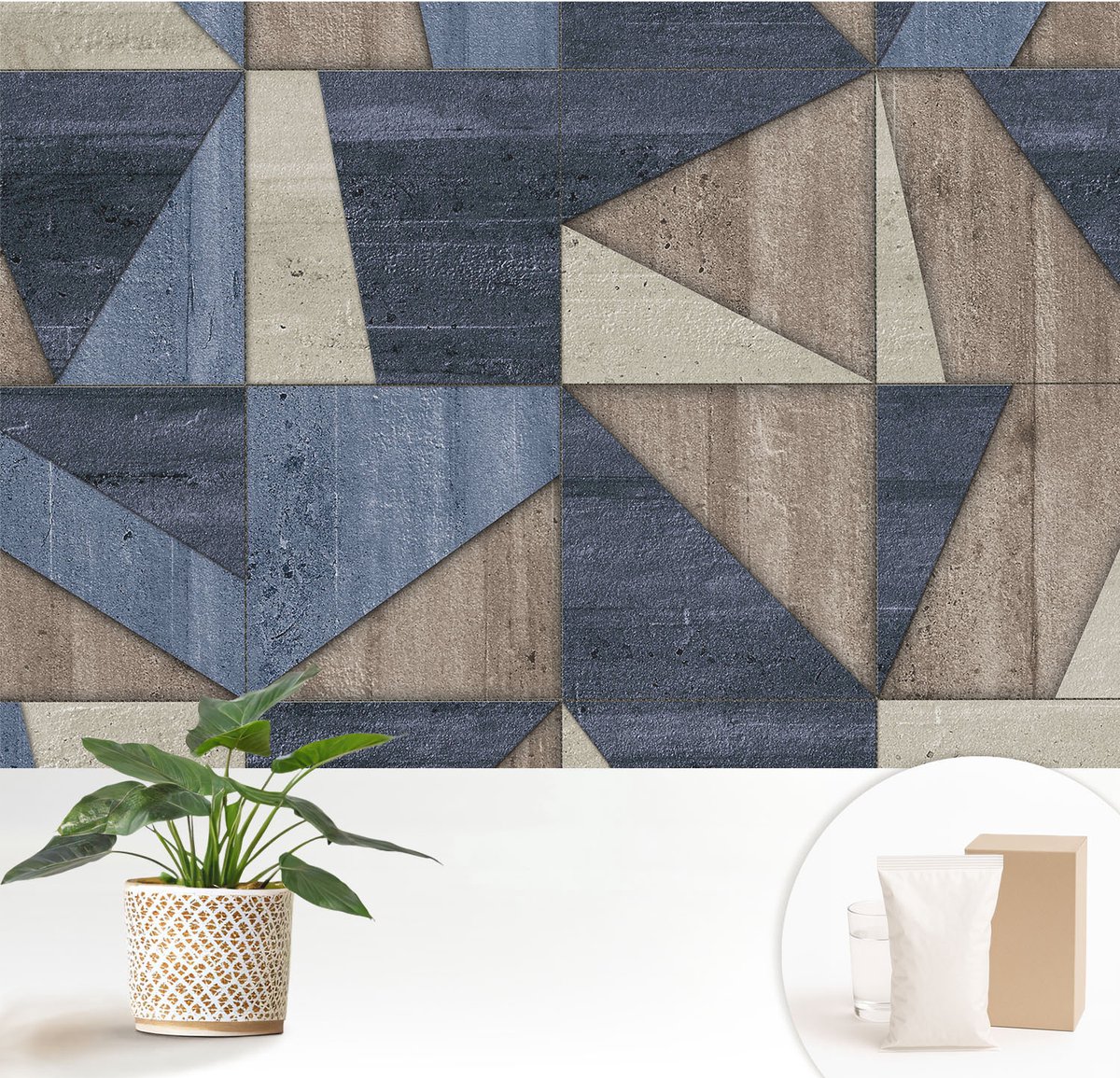 Wallfluent Fotobehang - Blauw Vliesbehang - 152x104 cm - Geometrische Patronen Muurschildering - Slaapkamer behang Geometrie - Fotobehang Vlies - Gang behang