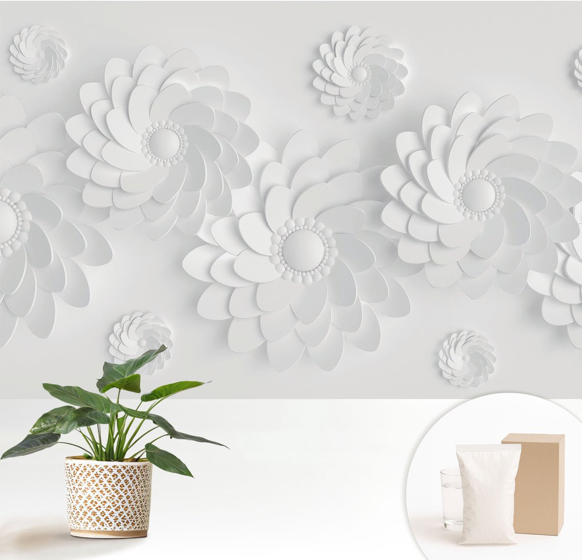 Wallfluent Fotobehang - Wit Vliesbehang - 152x104 cm - Bloemige Elegantie Muurschildering - Slaapkamer behang Bloemen En Planten - Fotobehang Vlies - Slaapkamer behang