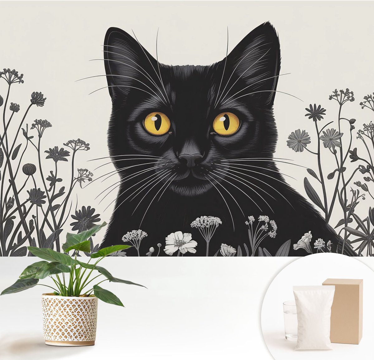 Wallfluent Fotobehang - Wit Vliesbehang - 152x104 cm - Kattenbloemen Fotobehang Vlies - Hal behang Dieren - Muurschildering - Hal behang