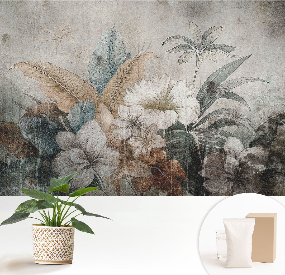 Wallfluent Fotobehang - Grijs Vliesbehang - 152x104 cm - Bloemendroom Muurschildering - Slaapkamer behang Bloemen En Planten - Fotobehang Vlies - Slaapkamer behang
