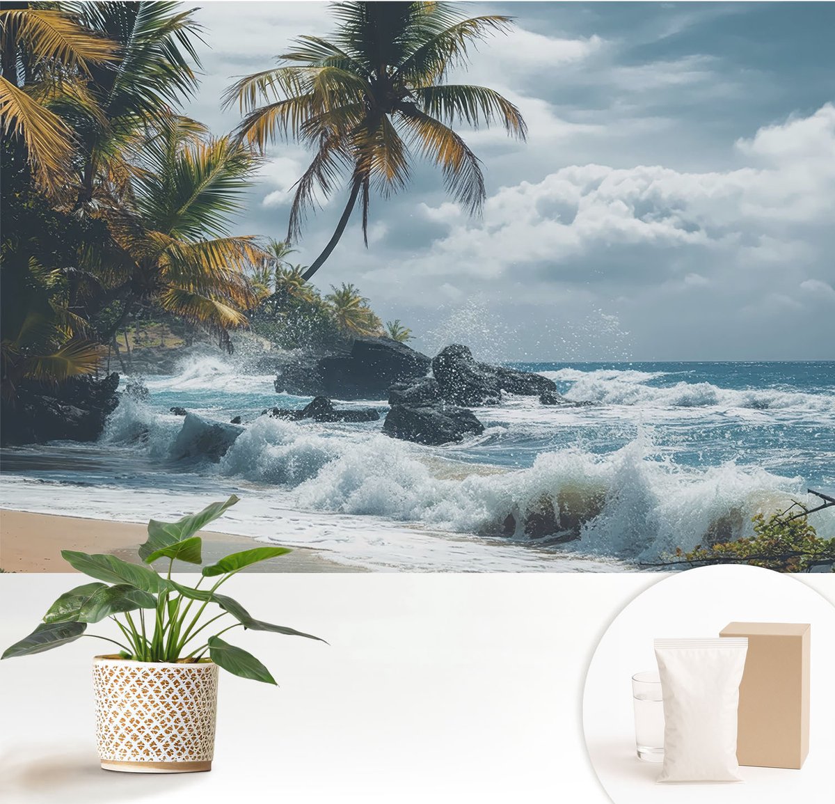 Wallfluent Fotobehang - Blauw Vliesbehang - 152x104 cm - Exotisch Strand Muurschildering - Gang behang Landschappen - Fotobehang Vlies - Gang behang