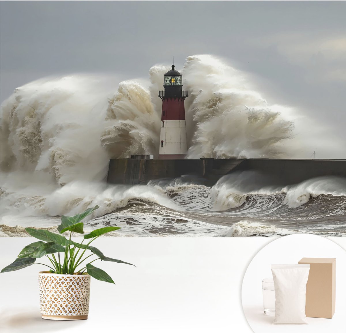 Wallfluent Fotobehang - Grijs Vliesbehang - 152x104 cm - Zeegolven Fotobehang Vlies - Woonkamer behang Landschappen - Muurschildering - Woonkamer behang