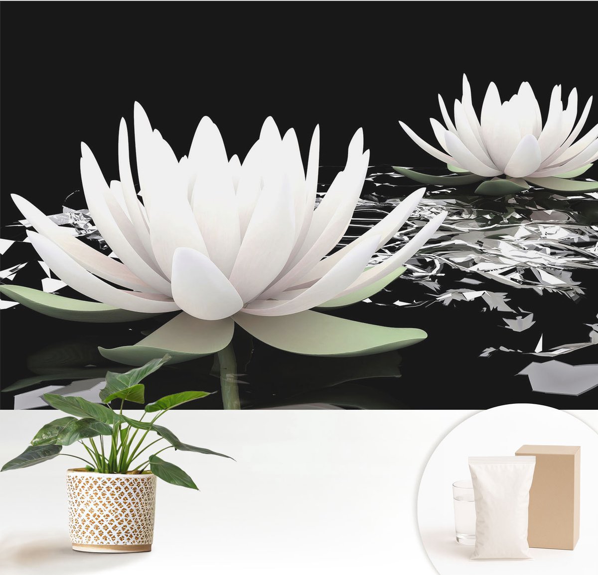 Wallfluent Fotobehang - Wit Vliesbehang - 152x104 cm - Waterbloemen Fotobehang Vlies - Hal behang Bloemen En Planten - Muurschildering - Woonkamer behang