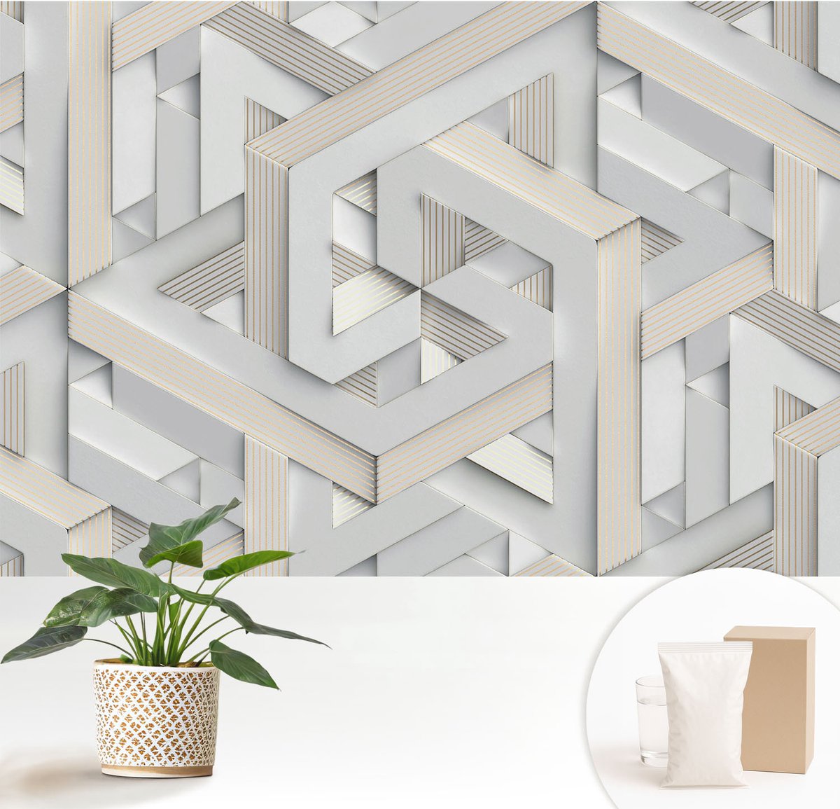 Wallfluent Fotobehang - Wit Vliesbehang - 152x104 cm - Illusoire Vormen Fotobehang Vlies - Woonkamer behang Geometrie - Muurschildering - Woonkamer behang