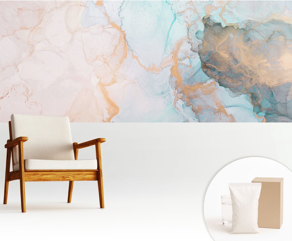 Wallfluent Fotobehang - Wit Vliesbehang - 250x104 cm - Aquarel Golven Fotobehang Vlies - Hal behang Deel - Muurschildering - Woonkamer behang