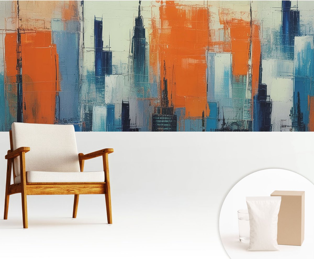 Wallfluent Fotobehang - Oranje Vliesbehang - 250x104 cm - Abstracte Stad Muurschildering - Slaapkamer behang Architectuur - Fotobehang Vlies - Slaapkamer behang