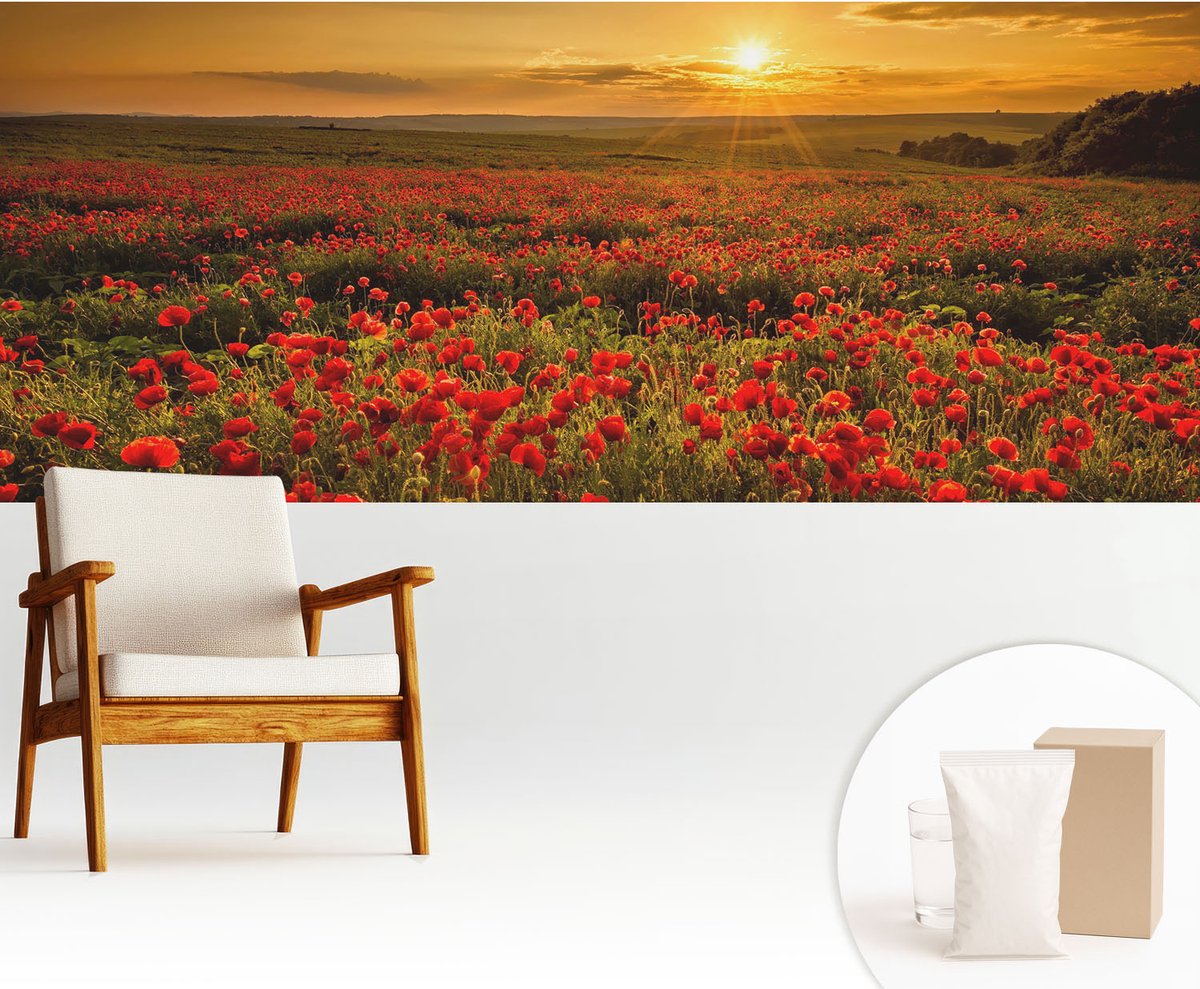 Wallfluent Fotobehang - Rood Vliesbehang - 250x104 cm - Papaverveld Fotobehang Vlies - Hal behang Landschappen - Muurschildering - Woonkamer behang