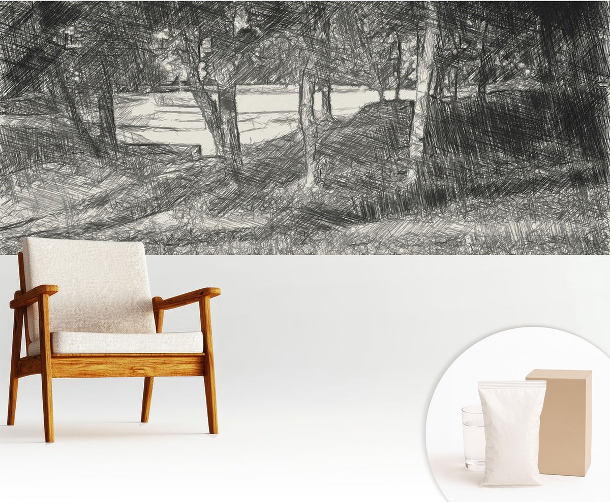 Wallfluent Fotobehang - Zwart-Wit Vliesbehang - 250x104 cm - Een Vredig Landschap Muurschildering - Slaapkamer behang Landschappen - Fotobehang Vlies - Gang behang