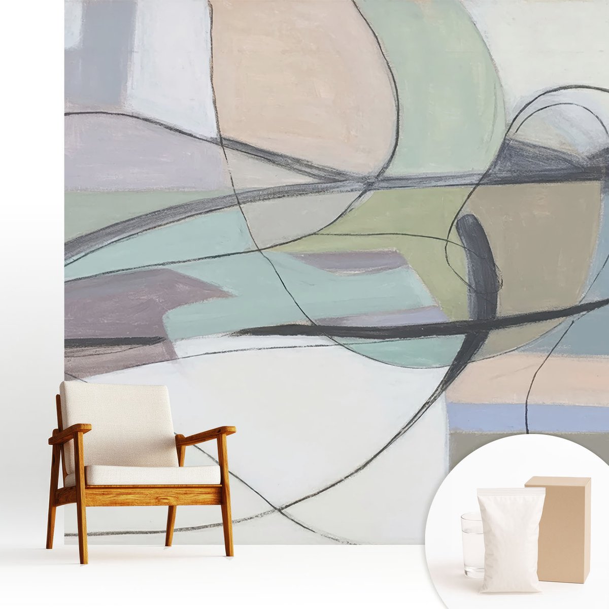 Wallfluent Fotobehang - Grijs Vliesbehang - 250x250 cm - Pastelkleurige Lijnen Muurschildering - Gang behang Abstractie - Fotobehang Vlies - Gang behang