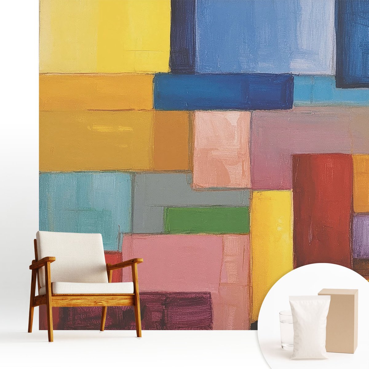 Wallfluent Fotobehang - Geel Vliesbehang - 250x250 cm - Gekleurde Rechthoeken Fotobehang Vlies - Woonkamer behang Abstractie - Muurschildering - Hal behang