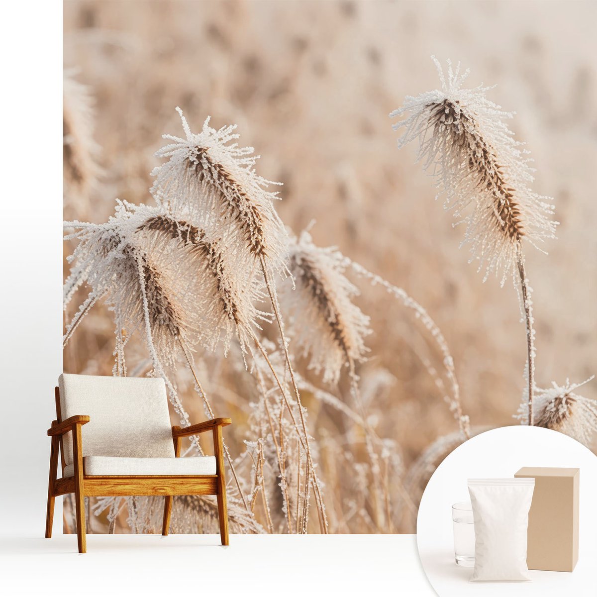 Wallfluent Fotobehang - Wit Vliesbehang - 250x250 cm - Winterlandschap Fotobehang Vlies - Woonkamer behang Bloemen En Planten - Muurschildering - Woonkamer behang