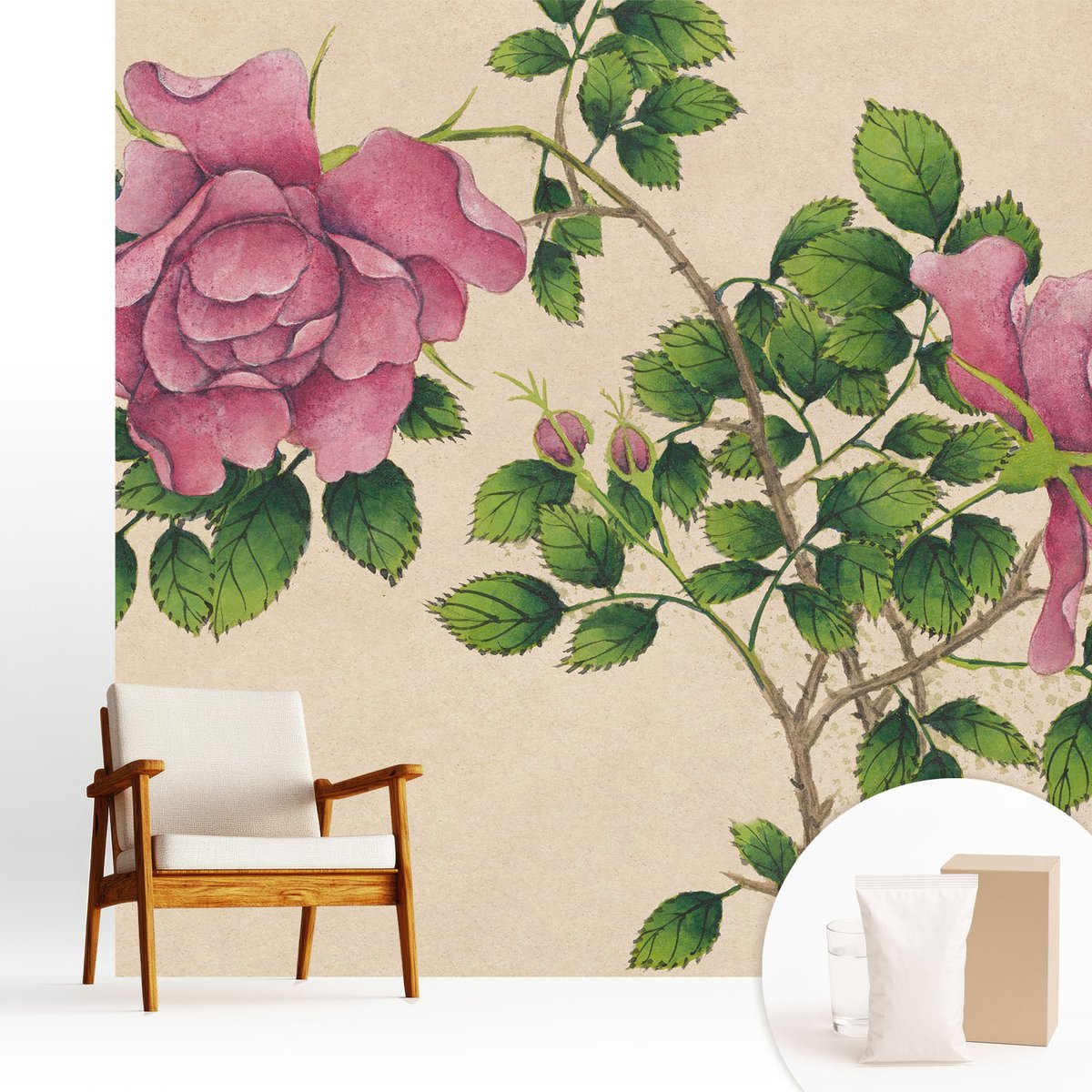 Wallfluent Fotobehang - Beige Vliesbehang - 250x250 cm - Romantische Rozen Fotobehang Vlies - Woonkamer behang Bloemen En Planten - Muurschildering - Woonkamer behang